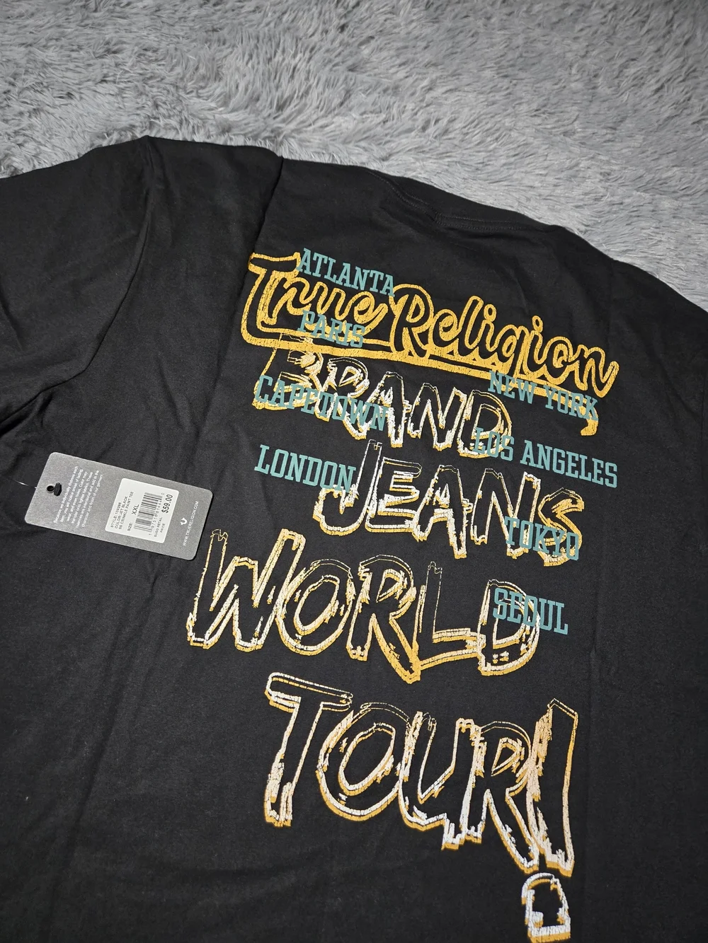 True Religion Men's World Tour Logo Black Crew Neck T-shirt XXL